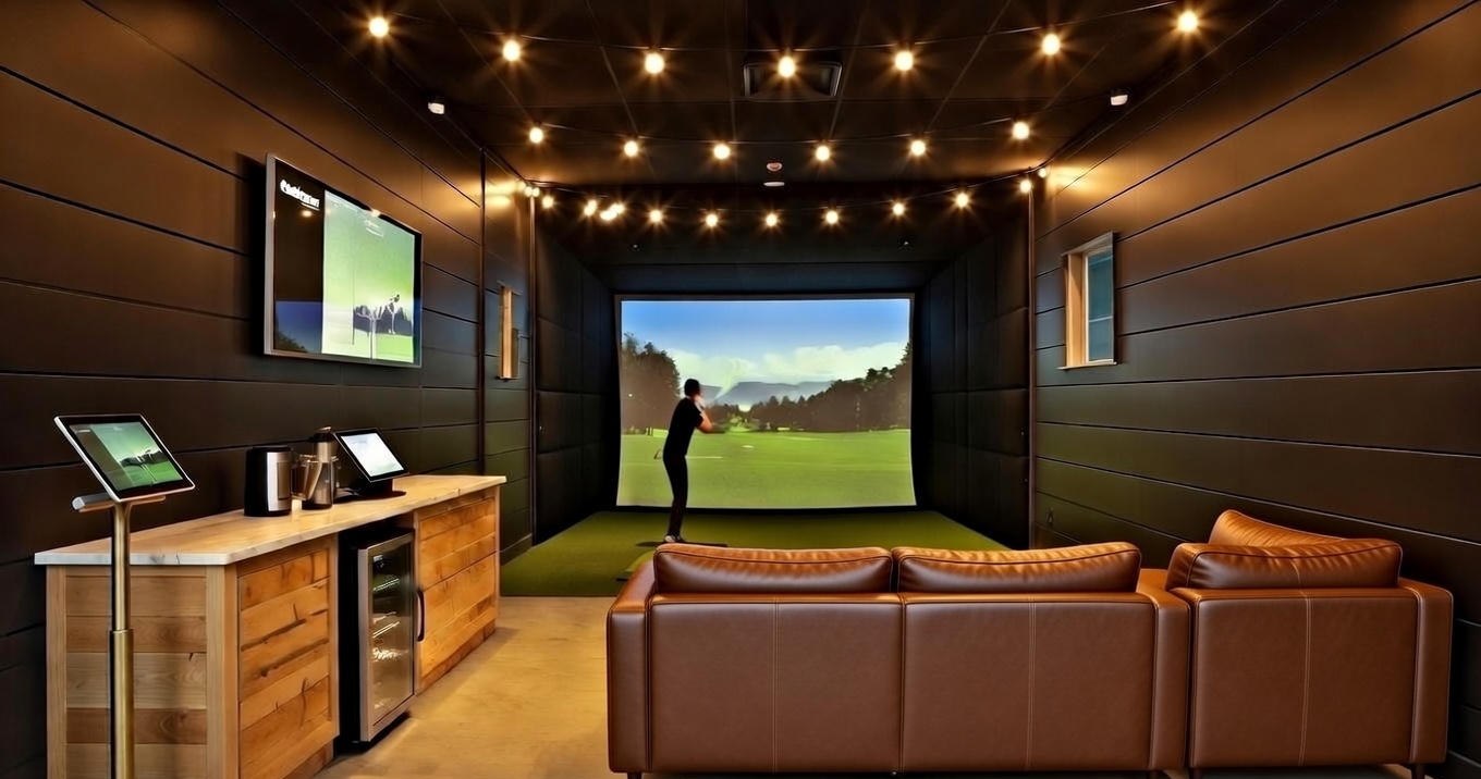 Interior of a BayHaus bay: a player mid-swing facing a wide impact screen, with cognac leather lounge seating, a beverage counter, and warm lighting.